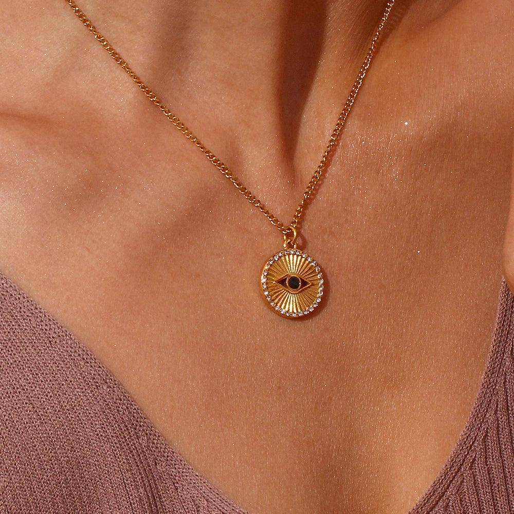 18K Gold Plated Black Evil Eye Stainless Steel Tarnish Free Pendant Necklace - Tarot Treasures