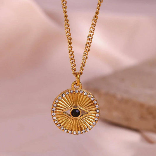 18K Gold Plated Black Evil Eye Stainless Steel Tarnish Free Pendant Necklace - Tarot Treasures