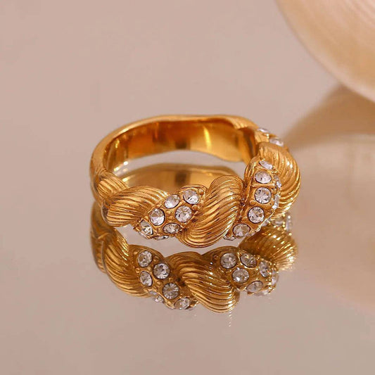 18K Gold Plated Chunky Rhinestone Twist Rope Stainless Steel Tarnish Free Ring - Tarot Treasures