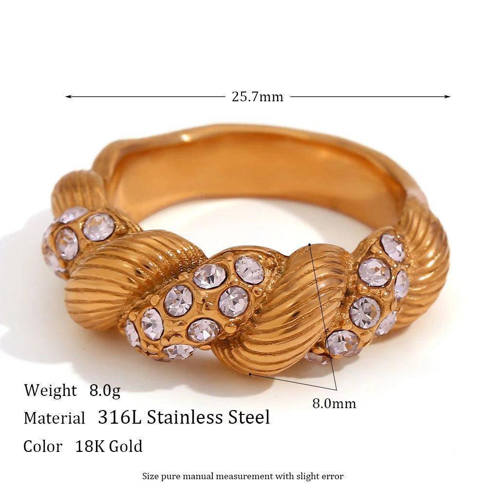 18K Gold Plated Chunky Rhinestone Twist Rope Stainless Steel Tarnish Free Ring - Tarot Treasures