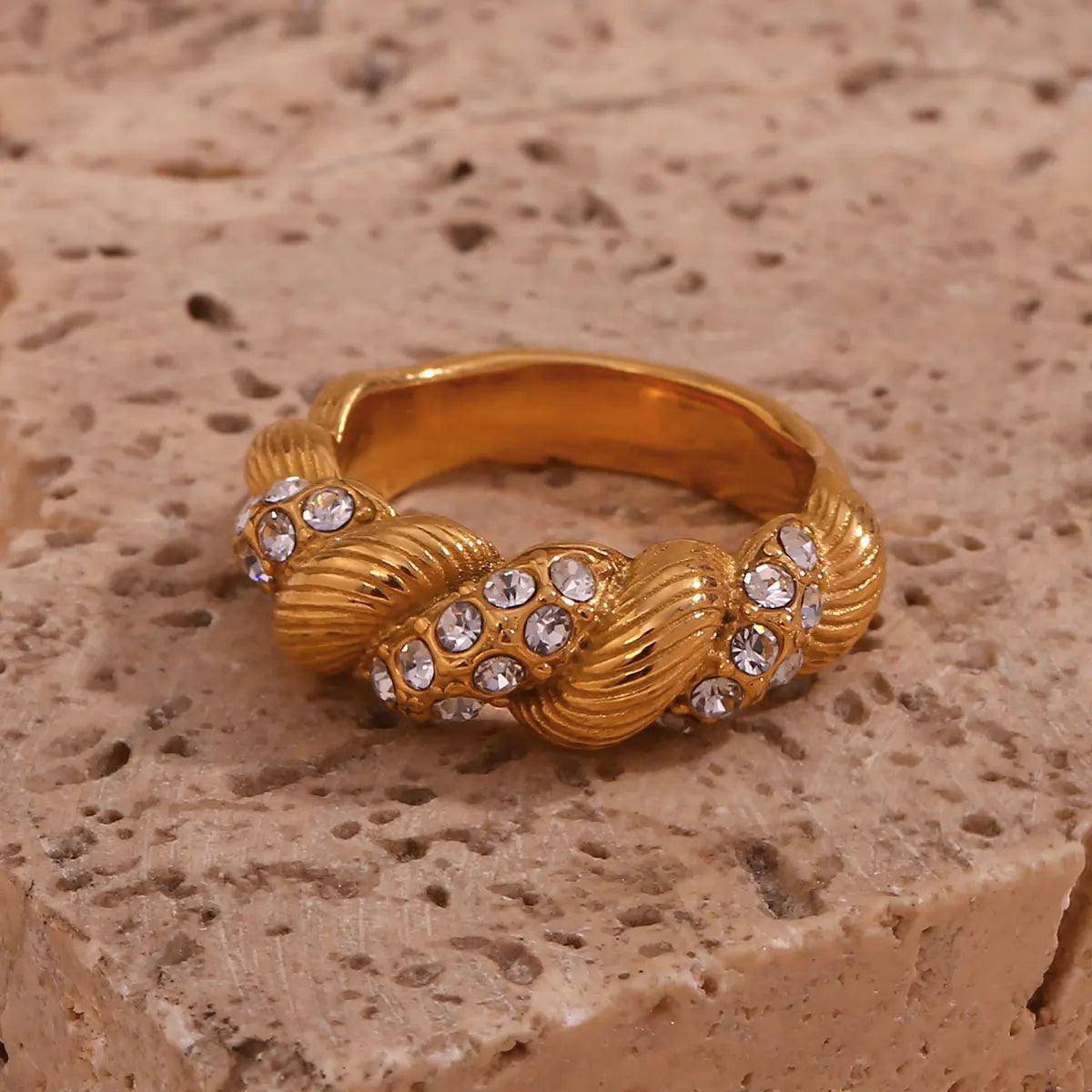 18K Gold Plated Chunky Rhinestone Twist Rope Stainless Steel Tarnish Free Ring - Tarot Treasures