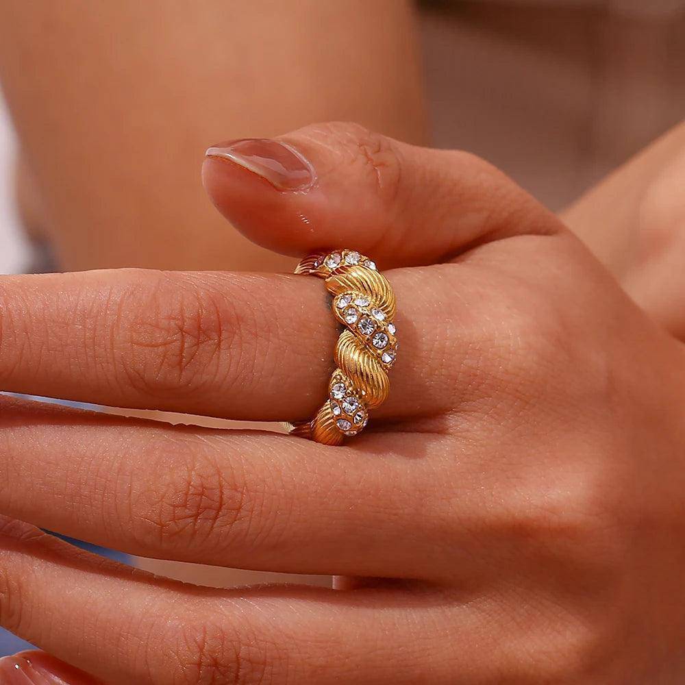 18K Gold Plated Chunky Rhinestone Twist Rope Stainless Steel Tarnish Free Ring - Tarot Treasures