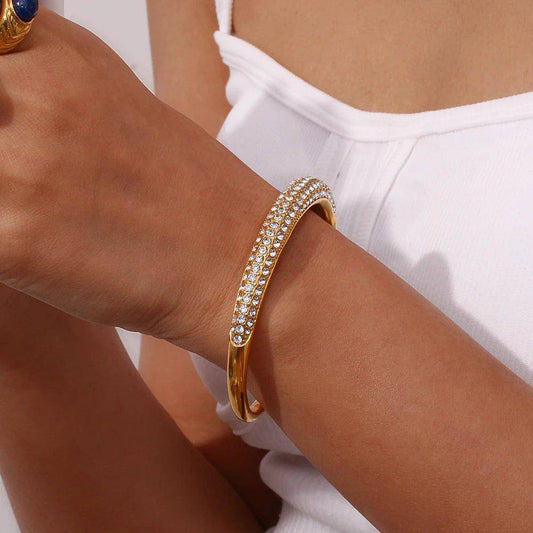 18K Gold Plated Chunky Zirconia Crystal Stainless Steel Tarnish Free Bangle - Tarot Treasures