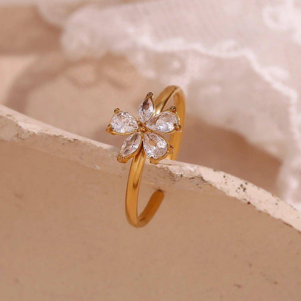 18K Gold Plated Dainty Adjustable Flower Stainless Steel Tarnish Free Ring - Tarot Treasures