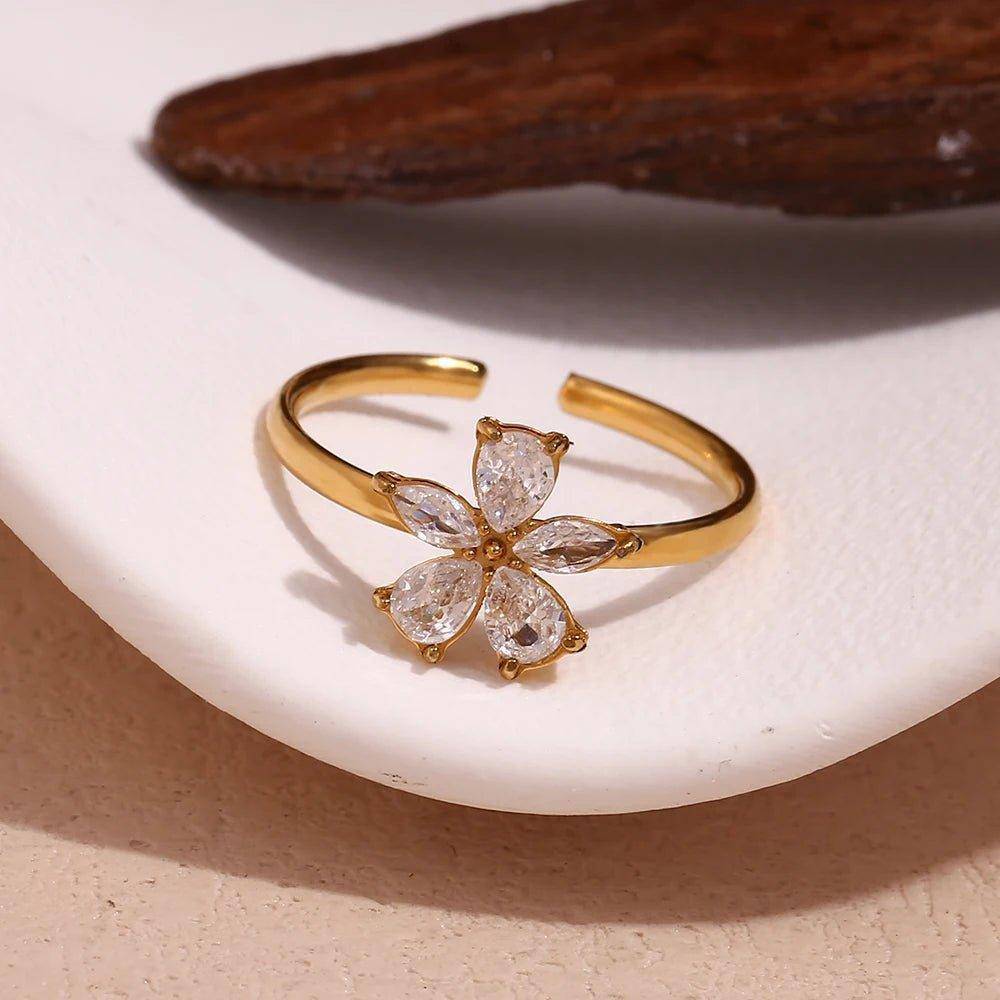 18K Gold Plated Dainty Adjustable Flower Stainless Steel Tarnish Free Ring - Tarot Treasures