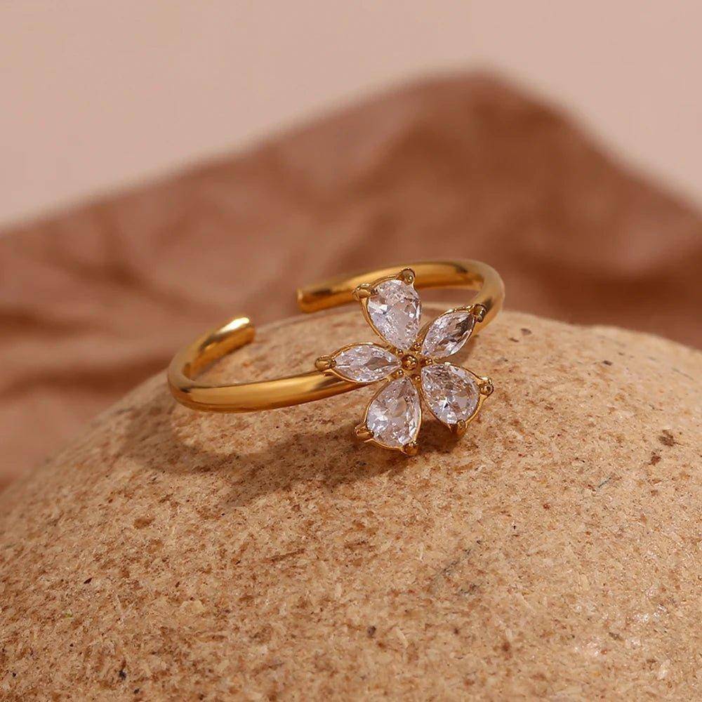 18K Gold Plated Dainty Adjustable Flower Stainless Steel Tarnish Free Ring - Tarot Treasures