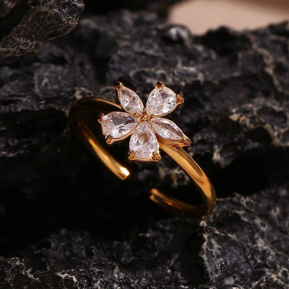 18K Gold Plated Dainty Adjustable Flower Stainless Steel Tarnish Free Ring - Tarot Treasures