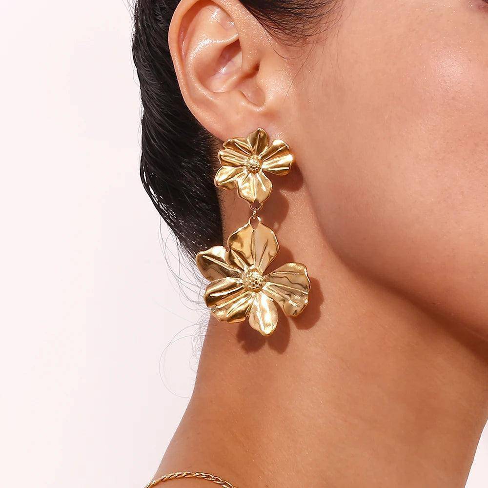 18K Gold Plated Double Flower Tarnish Free Drop Earrings - Tarot Treasures