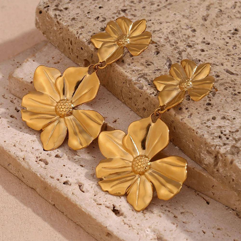 18K Gold Plated Double Flower Tarnish Free Drop Earrings - Tarot Treasures