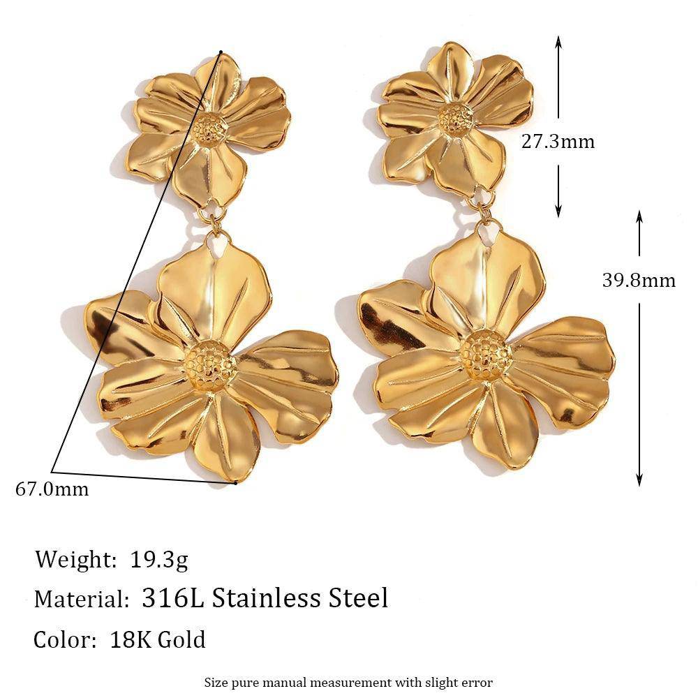 18K Gold Plated Double Flower Tarnish Free Drop Earrings - Tarot Treasures