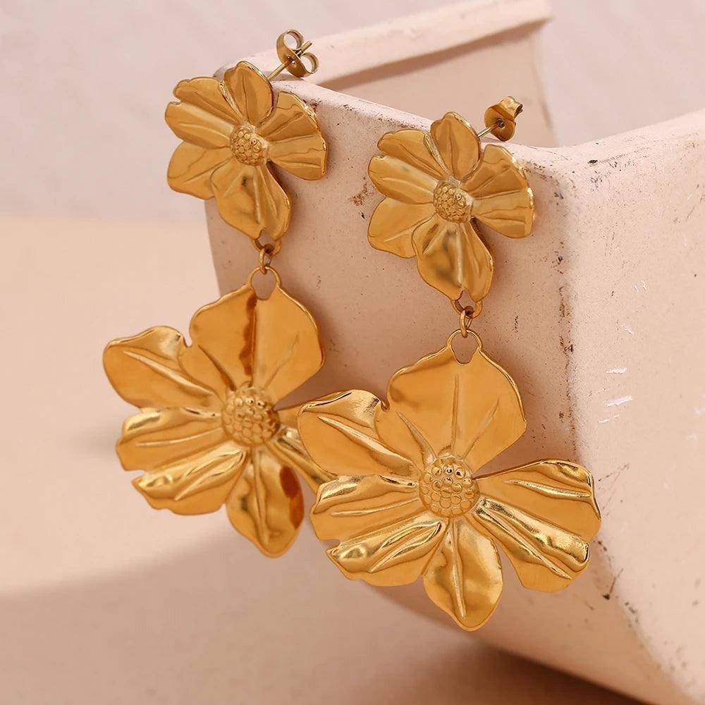 18K Gold Plated Double Flower Tarnish Free Drop Earrings - Tarot Treasures