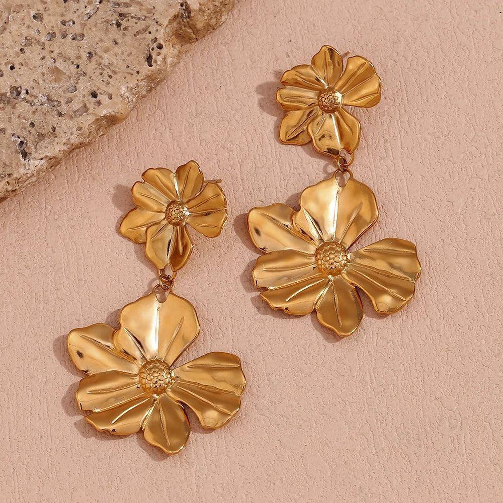 18K Gold Plated Double Flower Tarnish Free Drop Earrings - Tarot Treasures