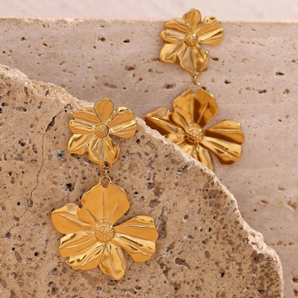 18K Gold Plated Double Flower Tarnish Free Drop Earrings - Tarot Treasures