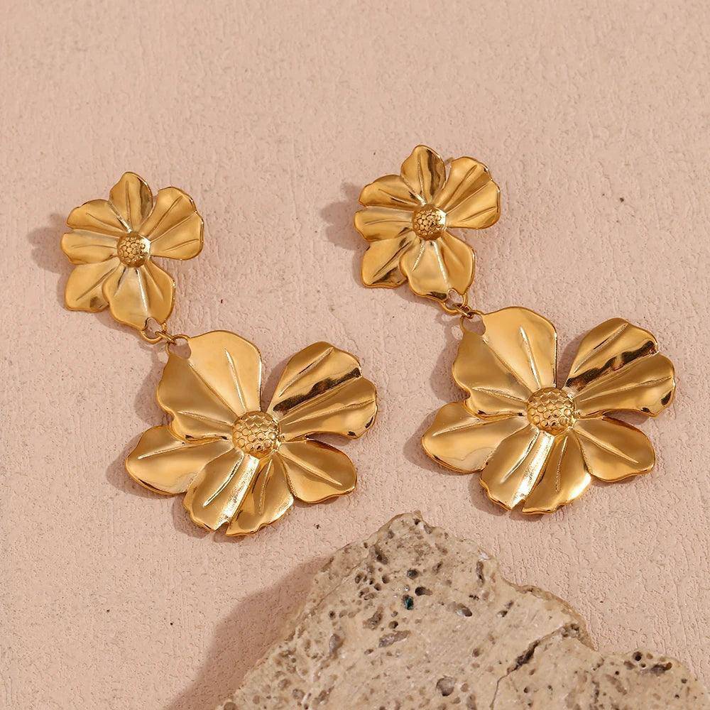 18K Gold Plated Double Flower Tarnish Free Drop Earrings - Tarot Treasures