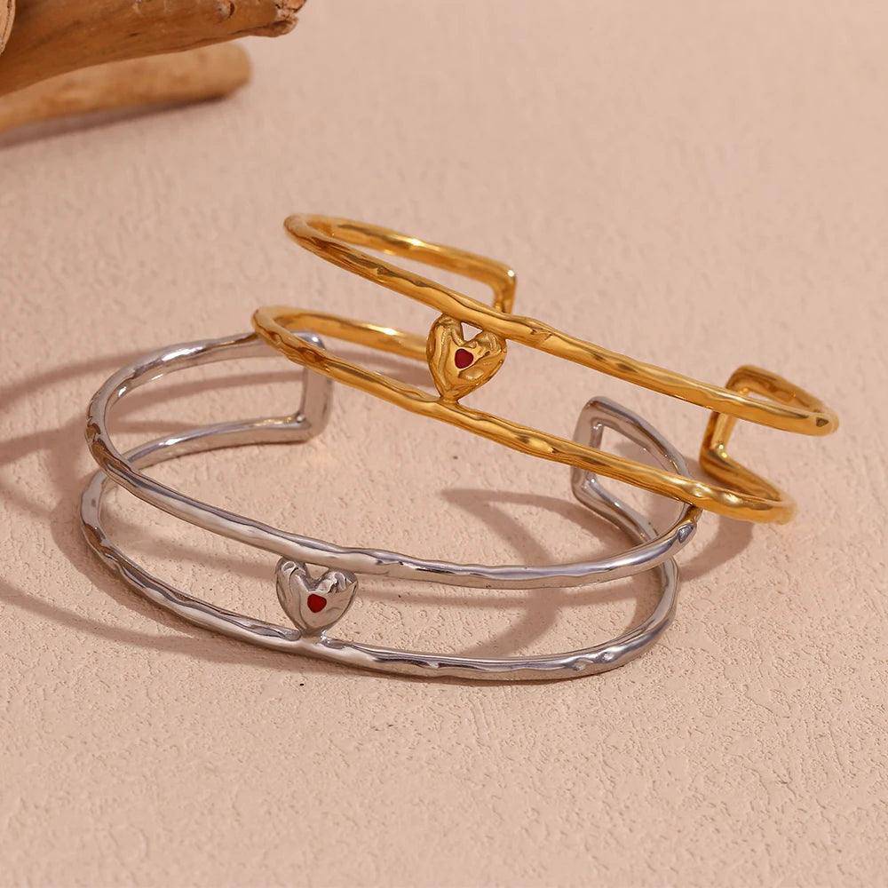 18K Gold Plated Double Heart Stainless Steel Tarnish Free Bangle Bracelets - Tarot Treasures