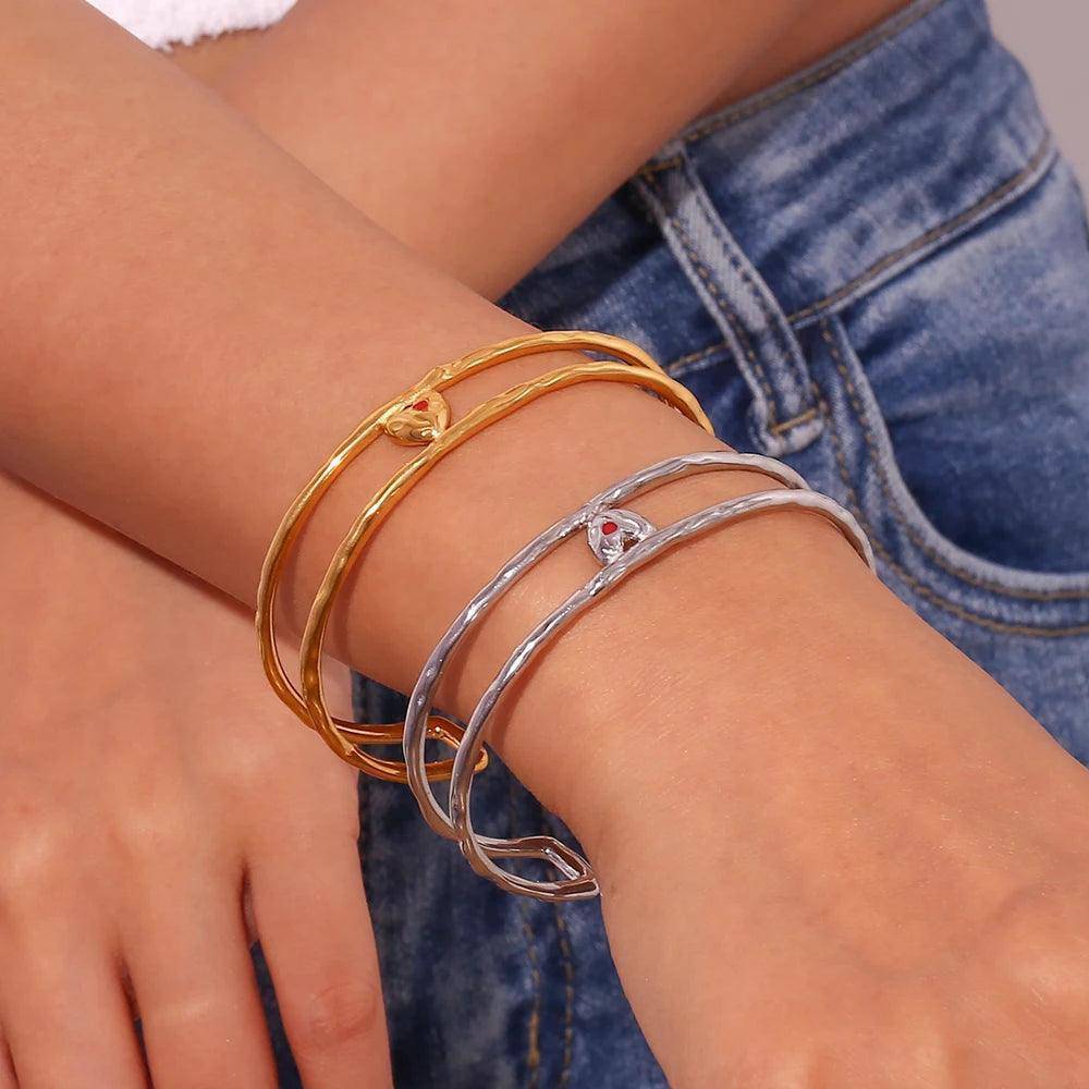 18K Gold Plated Double Heart Stainless Steel Tarnish Free Bangle Bracelets - Tarot Treasures