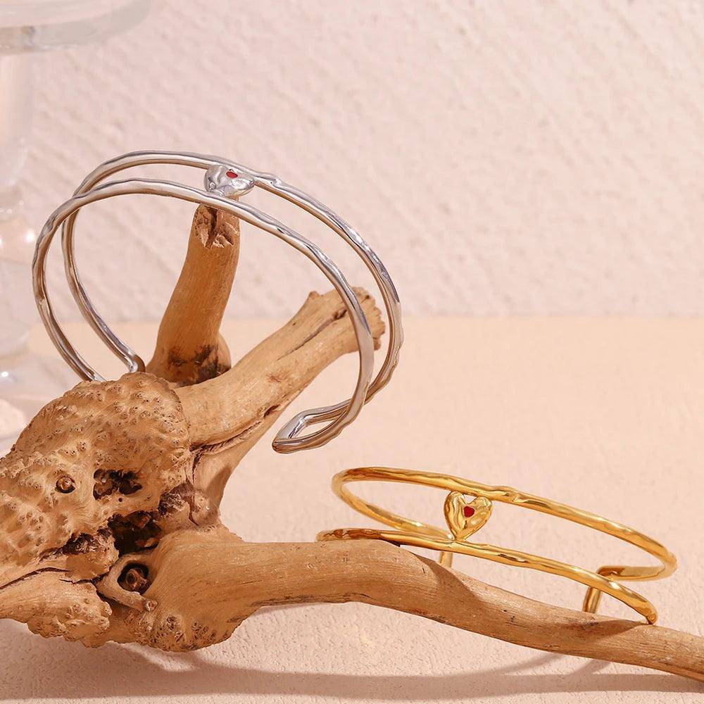 18K Gold Plated Double Heart Stainless Steel Tarnish Free Bangle Bracelets - Tarot Treasures