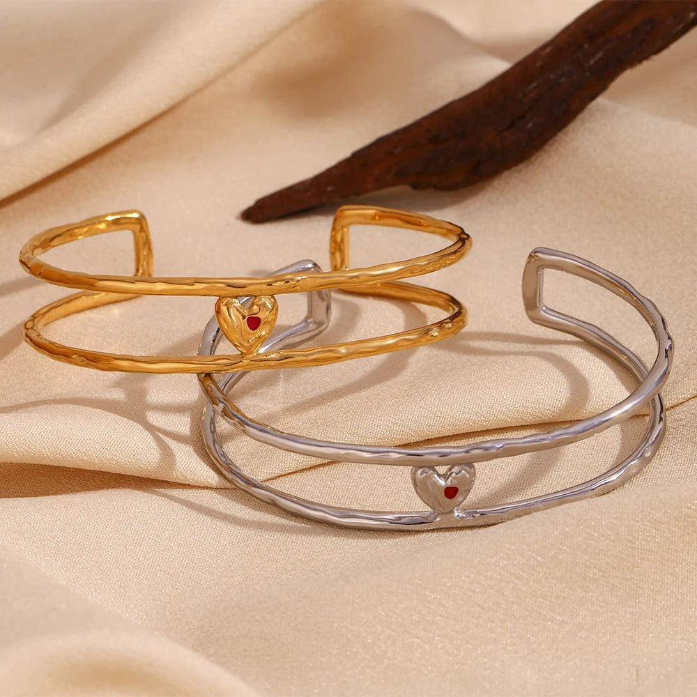18K Gold Plated Double Heart Stainless Steel Tarnish Free Bangle Bracelets - Tarot Treasures