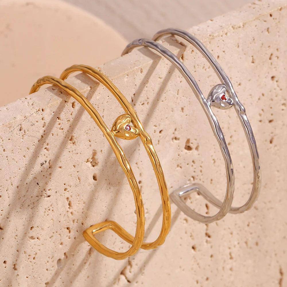 18K Gold Plated Double Heart Stainless Steel Tarnish Free Bangle Bracelets - Tarot Treasures