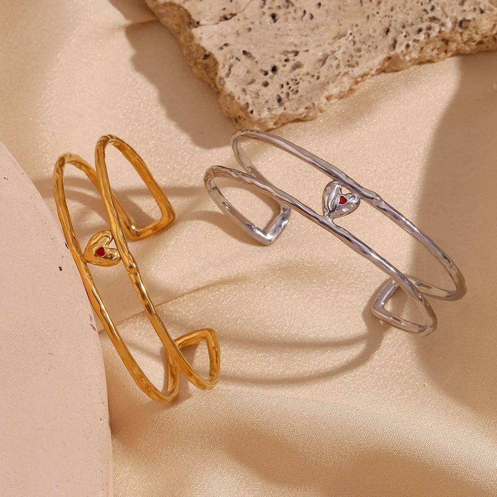 18K Gold Plated Double Heart Stainless Steel Tarnish Free Bangle Bracelets - Tarot Treasures