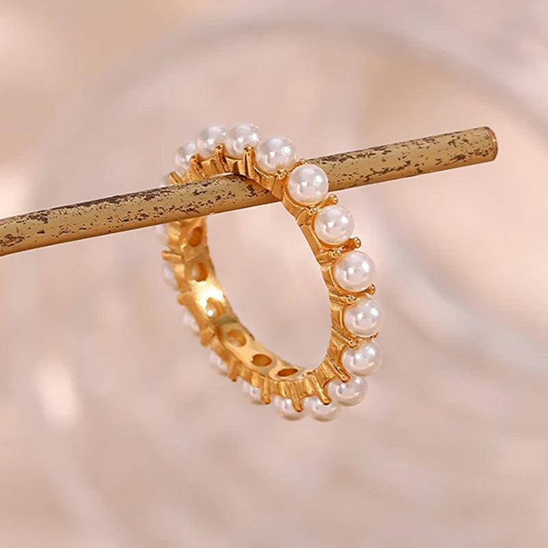 18K Gold Plated Elegant Faux Pearls Stainless Steel Tarnish Free Ring - Tarot Treasures