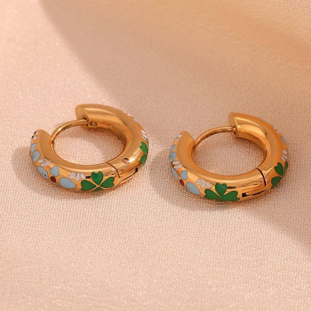 18K Gold Plated Enamel Clover Flower Tarnish Free Hoop Earrings - Tarot Treasures