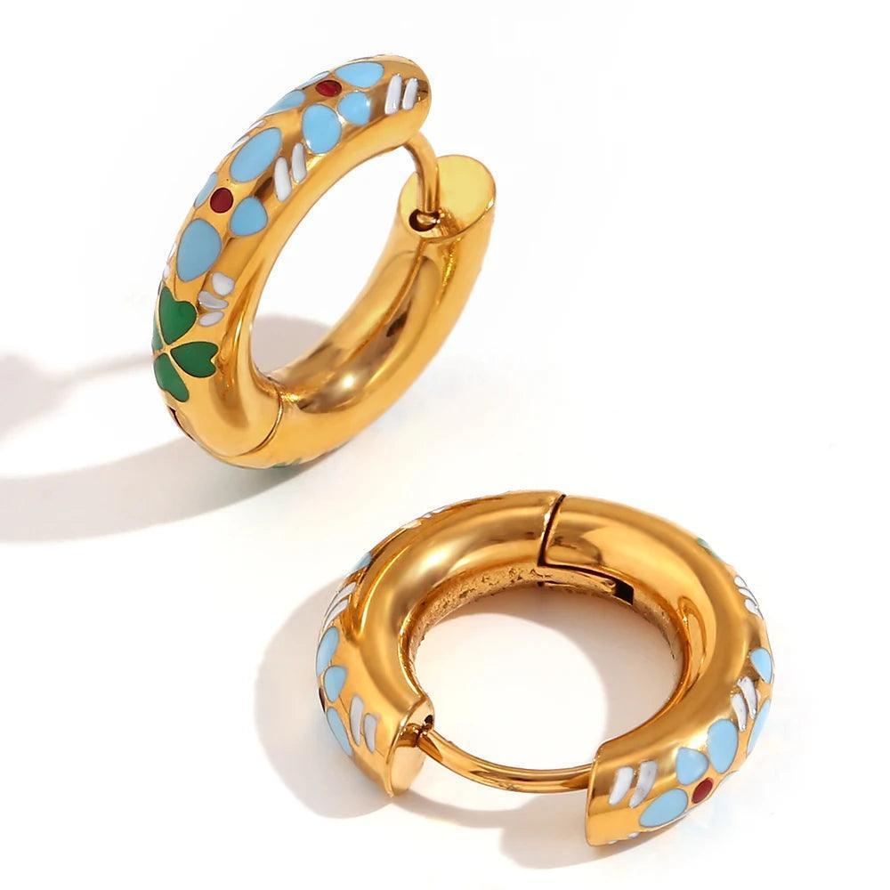 18K Gold Plated Enamel Clover Flower Tarnish Free Hoop Earrings - Tarot Treasures