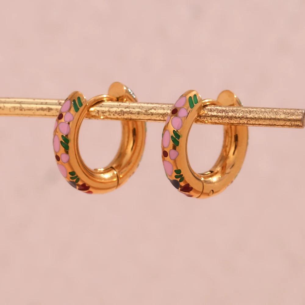 18K Gold Plated Enamel Clover Flower Tarnish Free Hoop Earrings - Tarot Treasures