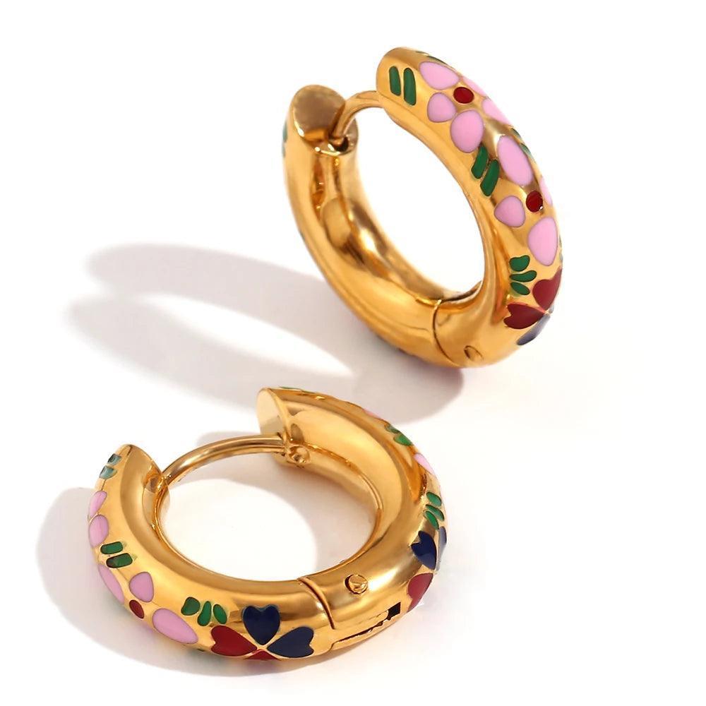 18K Gold Plated Enamel Clover Flower Tarnish Free Hoop Earrings - Tarot Treasures