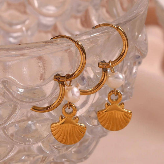 18K Gold Plated Faux Pearl Scallop Pendant Hoop Earrings - Tarot Treasures