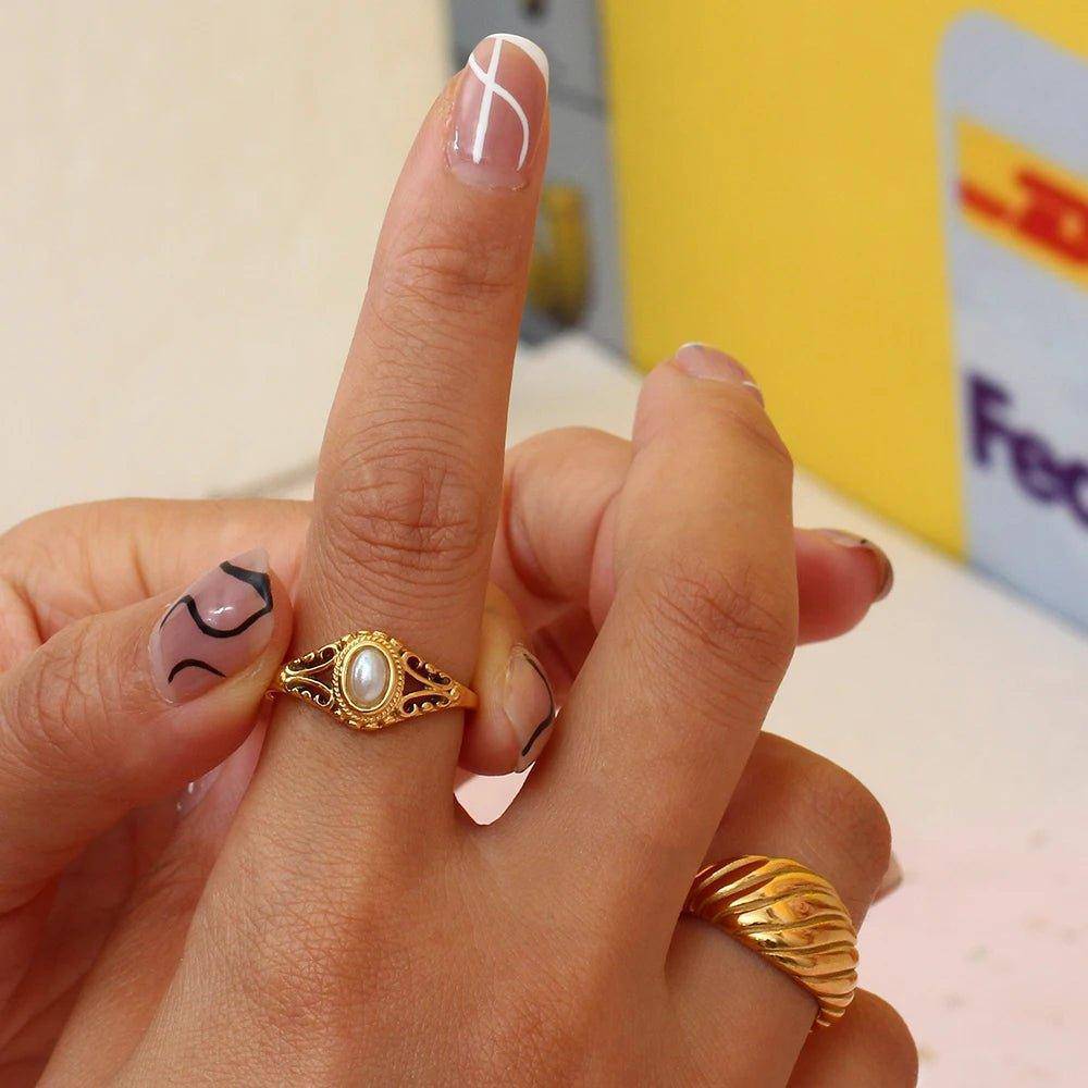 18K Gold Plated Faux Pearl Stainless Steel Tarnish Free Ring - Tarot Treasures
