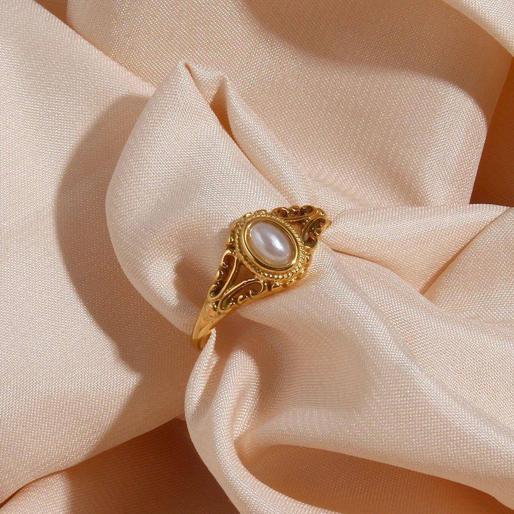 18K Gold Plated Faux Pearl Stainless Steel Tarnish Free Ring - Tarot Treasures