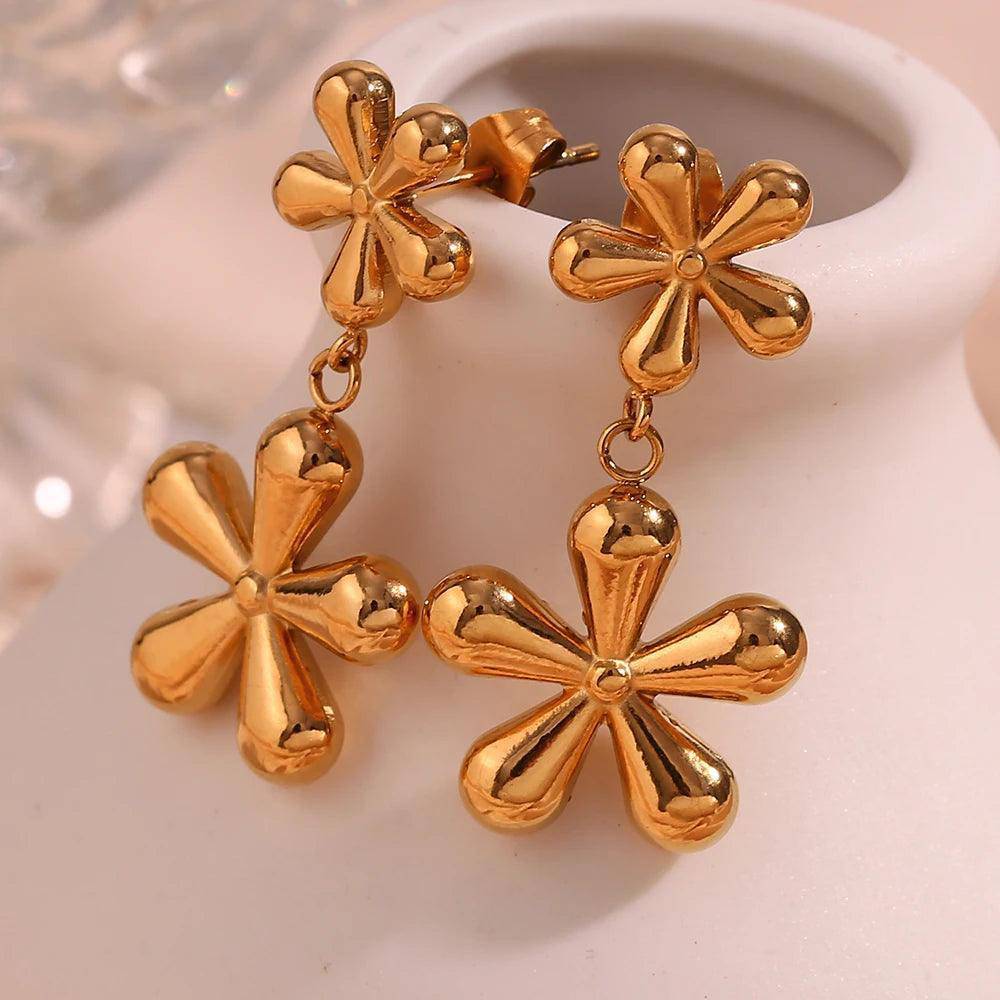 18K Gold Plated Flower Stainless Steel Tarnish Free Drop Earrings - Tarot Treasures