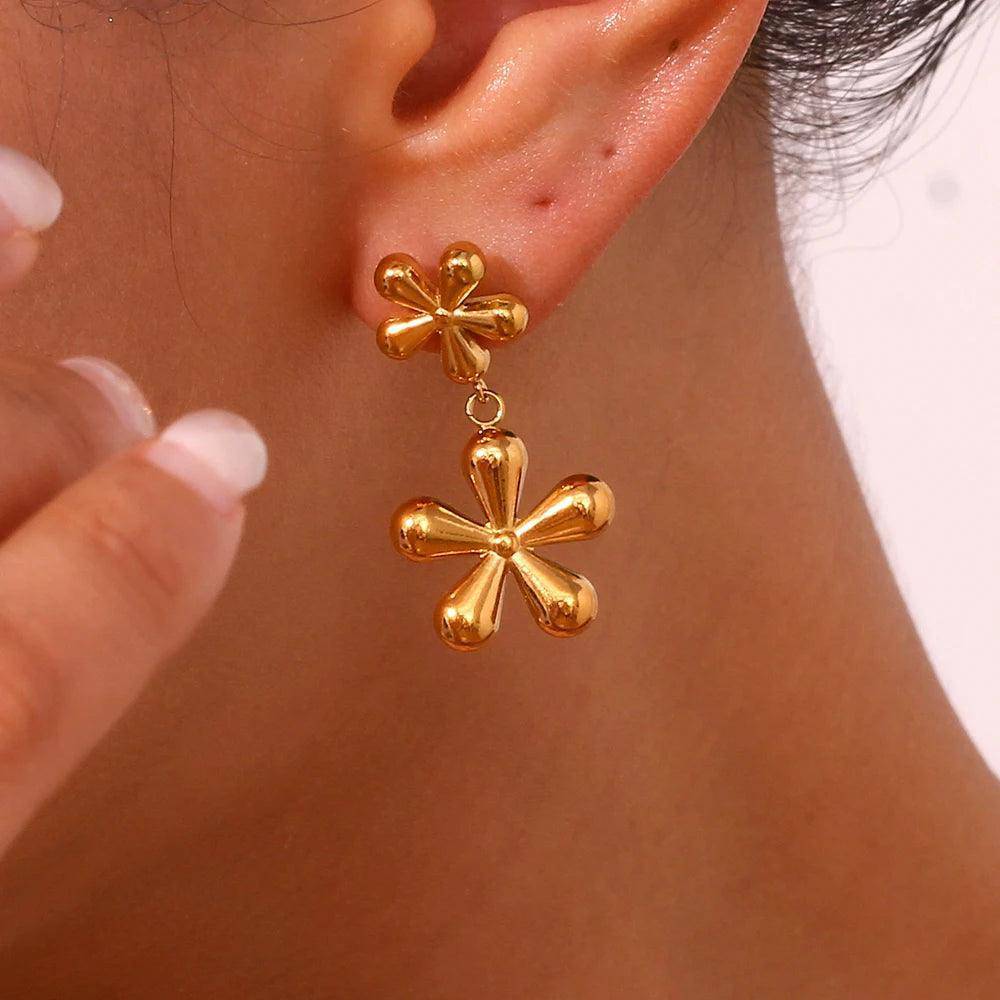 18K Gold Plated Flower Stainless Steel Tarnish Free Drop Earrings - Tarot Treasures