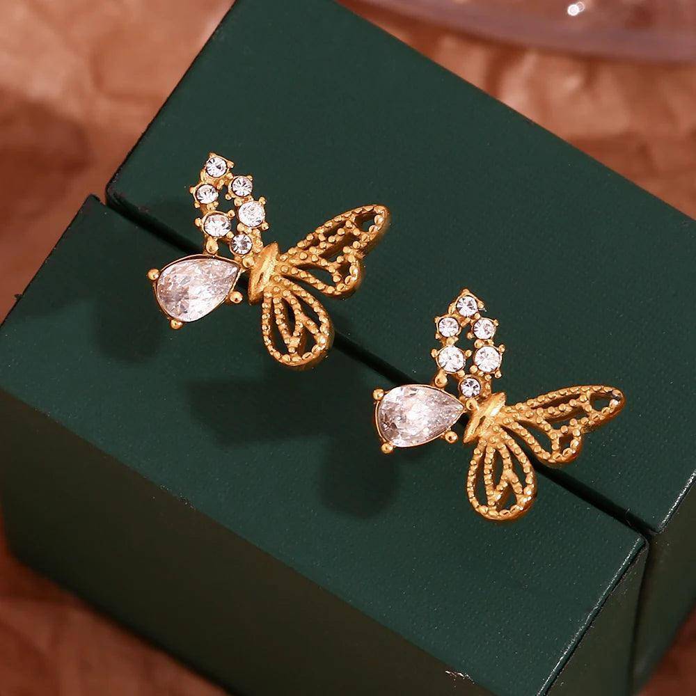 18K Gold Plated Half Set Zircon Butterfly Stainless Steel Tarnish Free Stud Earrings - Tarot Treasures