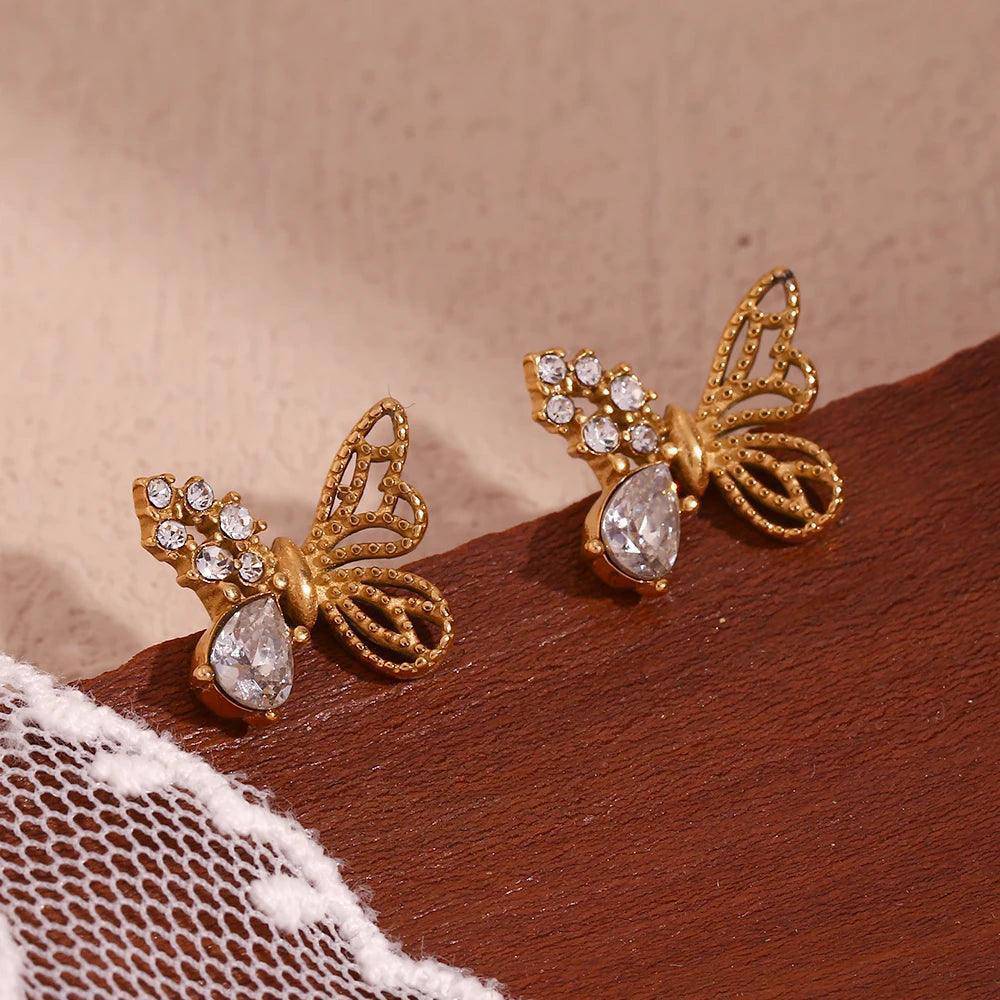 18K Gold Plated Half Set Zircon Butterfly Stainless Steel Tarnish Free Stud Earrings - Tarot Treasures