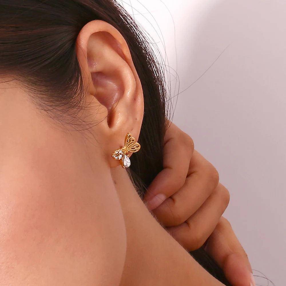 18K Gold Plated Half Set Zircon Butterfly Stainless Steel Tarnish Free Stud Earrings - Tarot Treasures