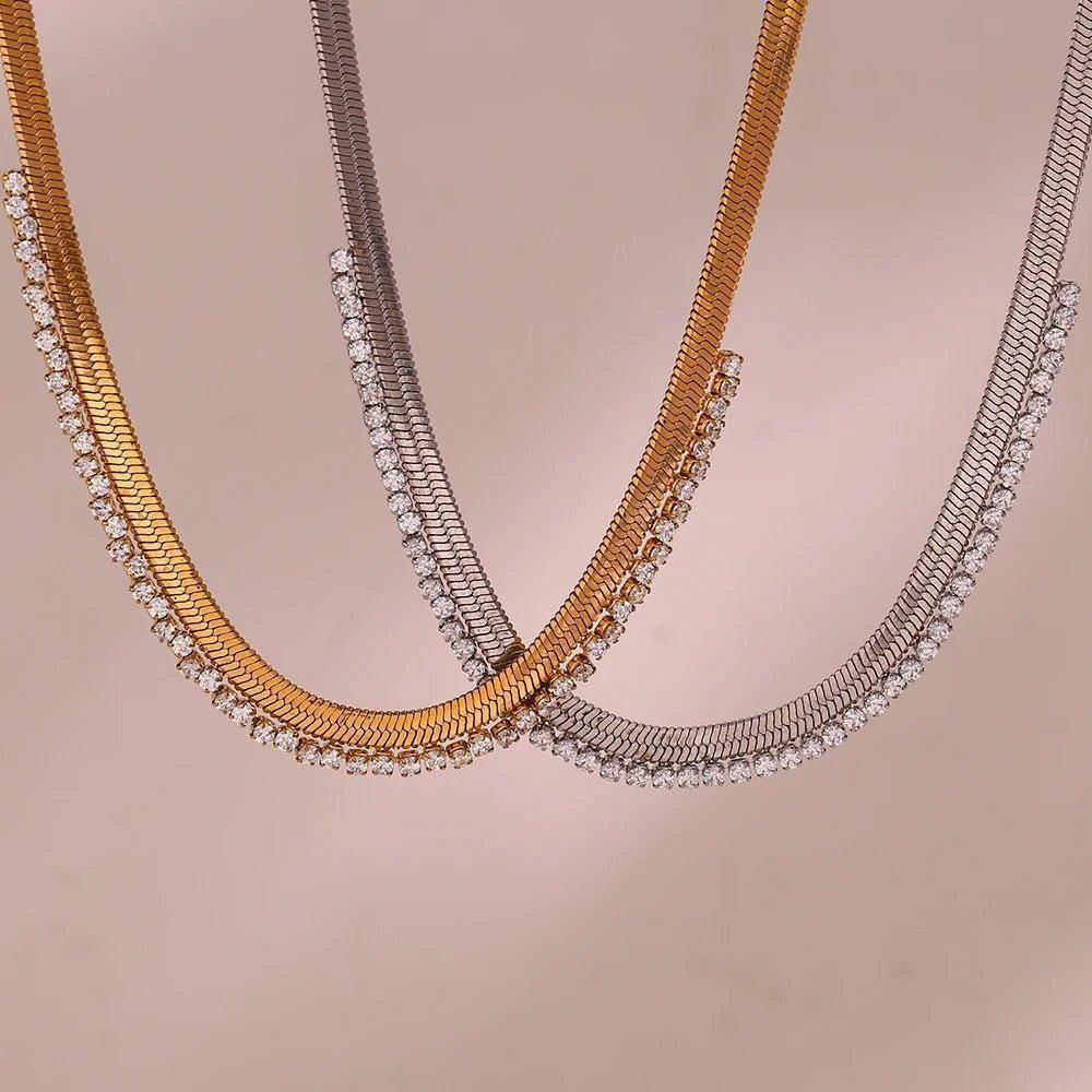 18K Gold Plated Herringbone Stainless Steel Chain with Zircon Crystals - Tarot Treasures