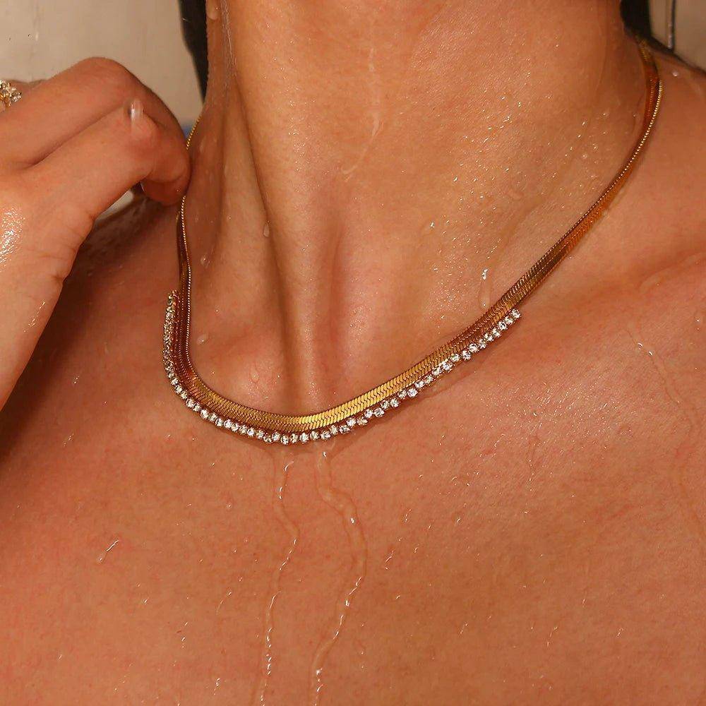 18K Gold Plated Herringbone Stainless Steel Chain with Zircon Crystals - Tarot Treasures