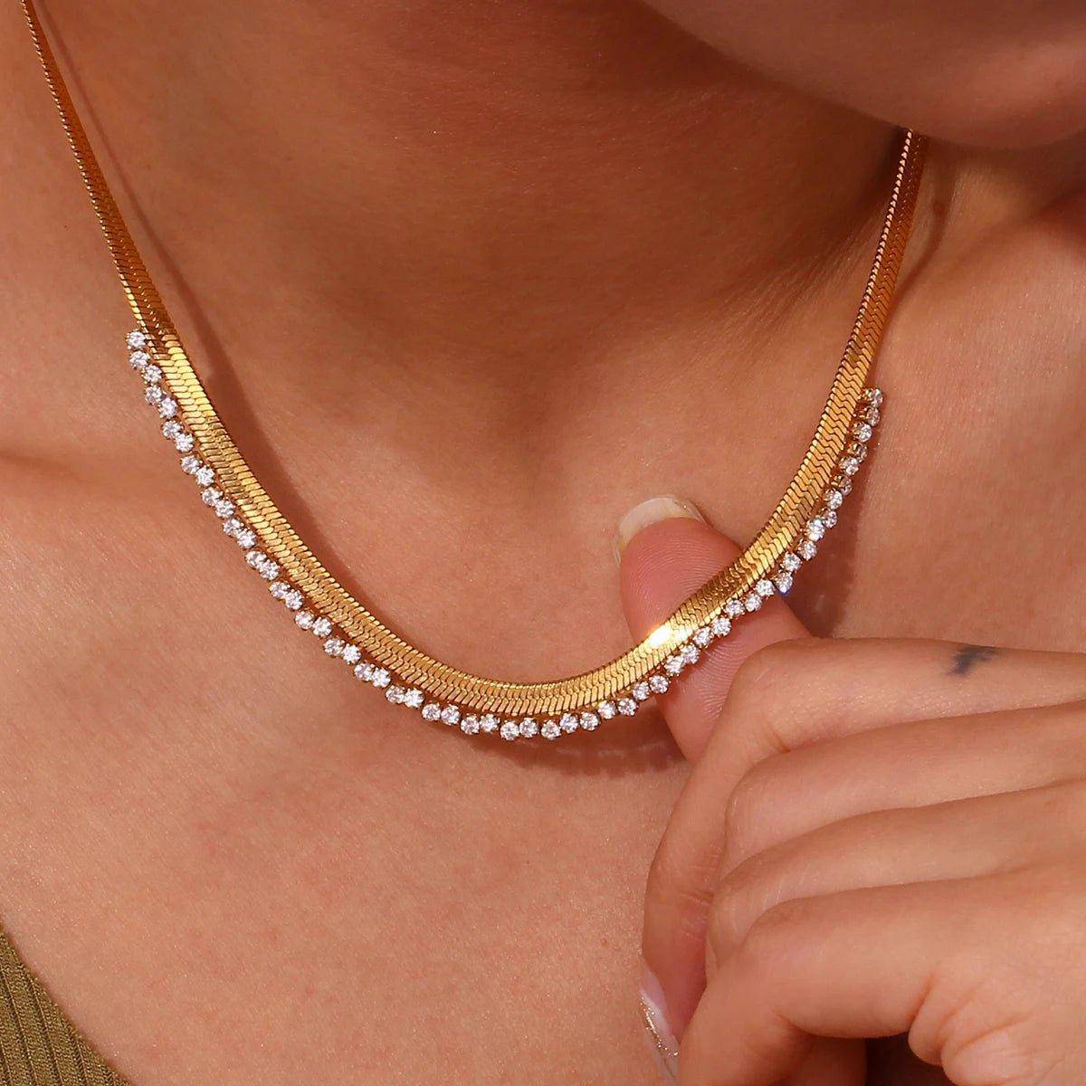 18K Gold Plated Herringbone Stainless Steel Chain with Zircon Crystals - Tarot Treasures