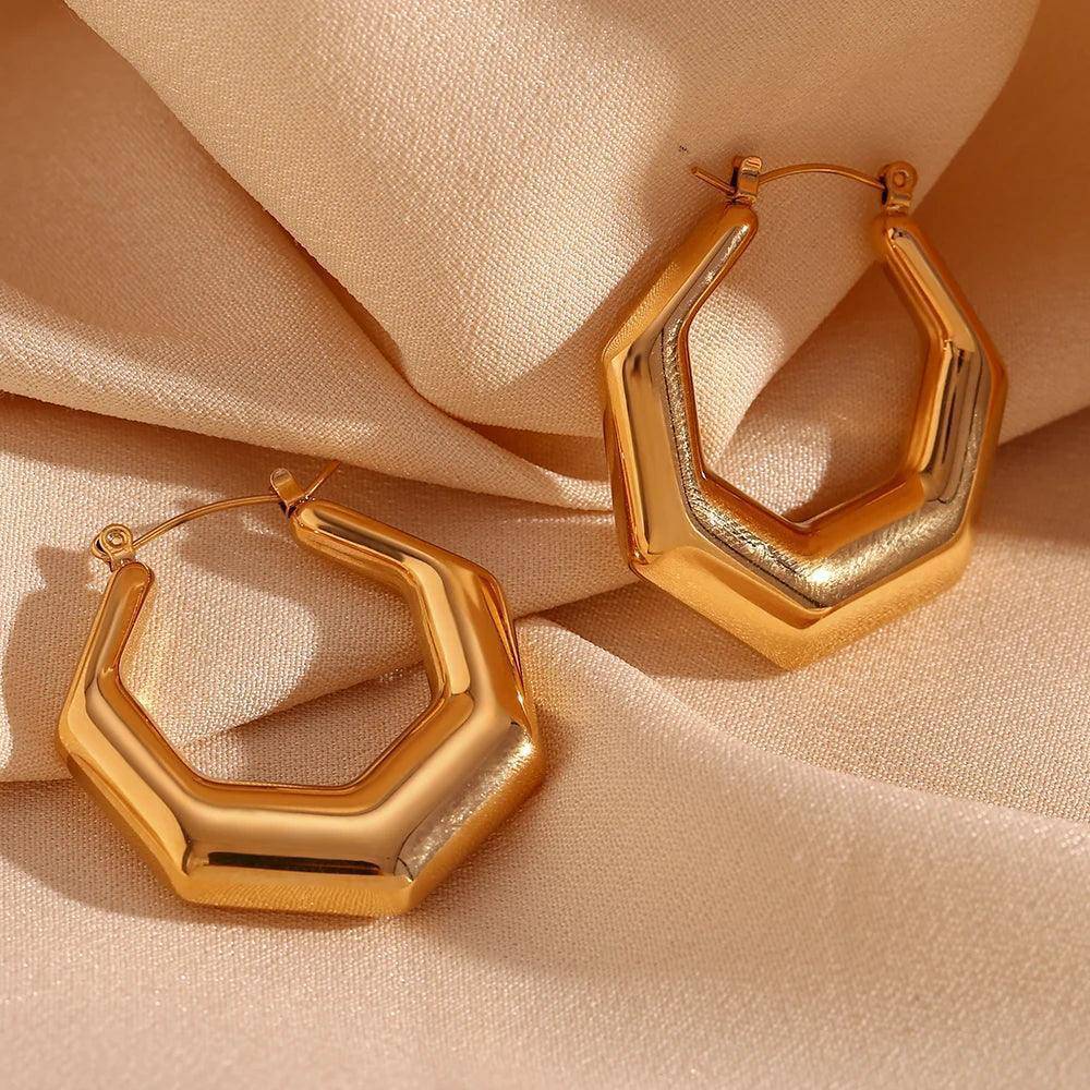 18K Gold Plated Hexagonal Hollow Tarnish Free Hoop Earrings - Tarot Treasures