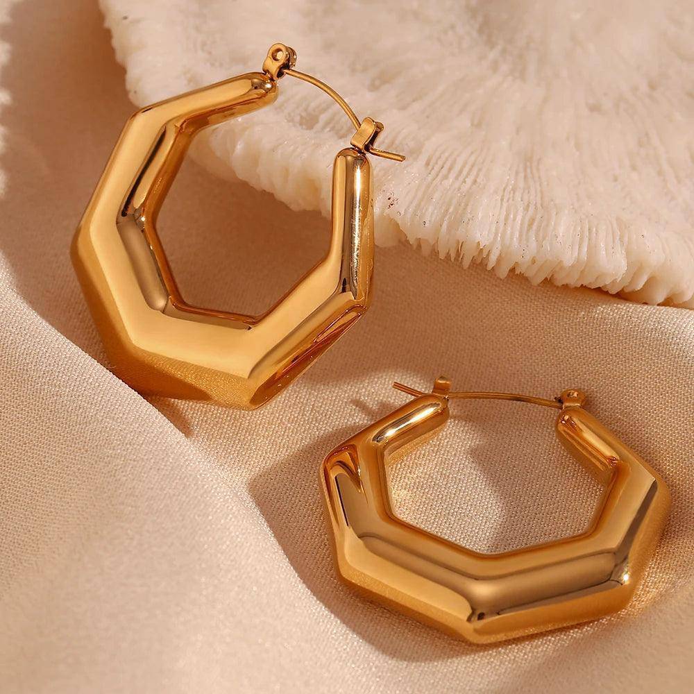 18K Gold Plated Hexagonal Hollow Tarnish Free Hoop Earrings - Tarot Treasures