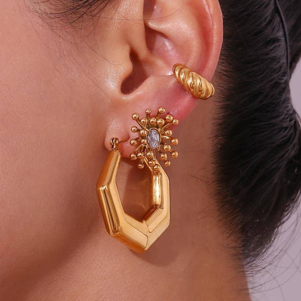 18K Gold Plated Hexagonal Hollow Tarnish Free Hoop Earrings - Tarot Treasures