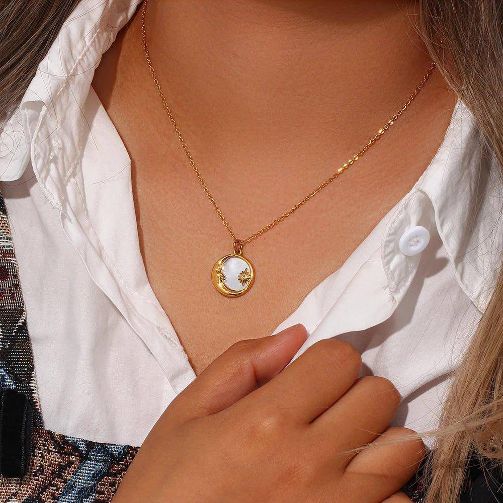 18K Gold Plated Mother Of Pearl Moon Stainless Steel Pendant Necklace - Tarot Treasures