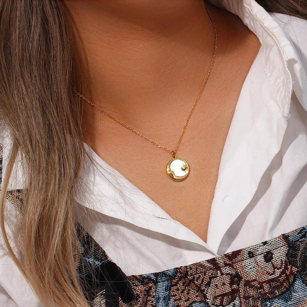 18K Gold Plated Mother Of Pearl Moon Stainless Steel Pendant Necklace - Tarot Treasures