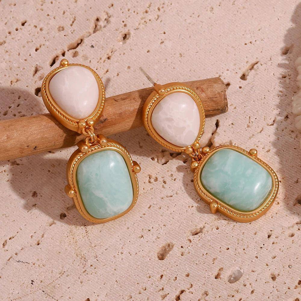 18K Gold Plated Natural Stone White/Jade Amazonite Drop Earrings - Tarot Treasures