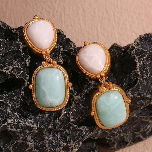 18K Gold Plated Natural Stone White/Jade Amazonite Drop Earrings - Tarot Treasures