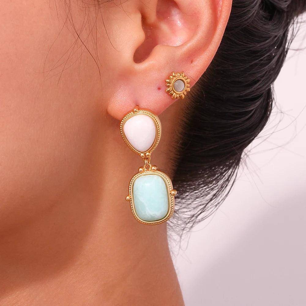 18K Gold Plated Natural Stone White/Jade Amazonite Drop Earrings - Tarot Treasures