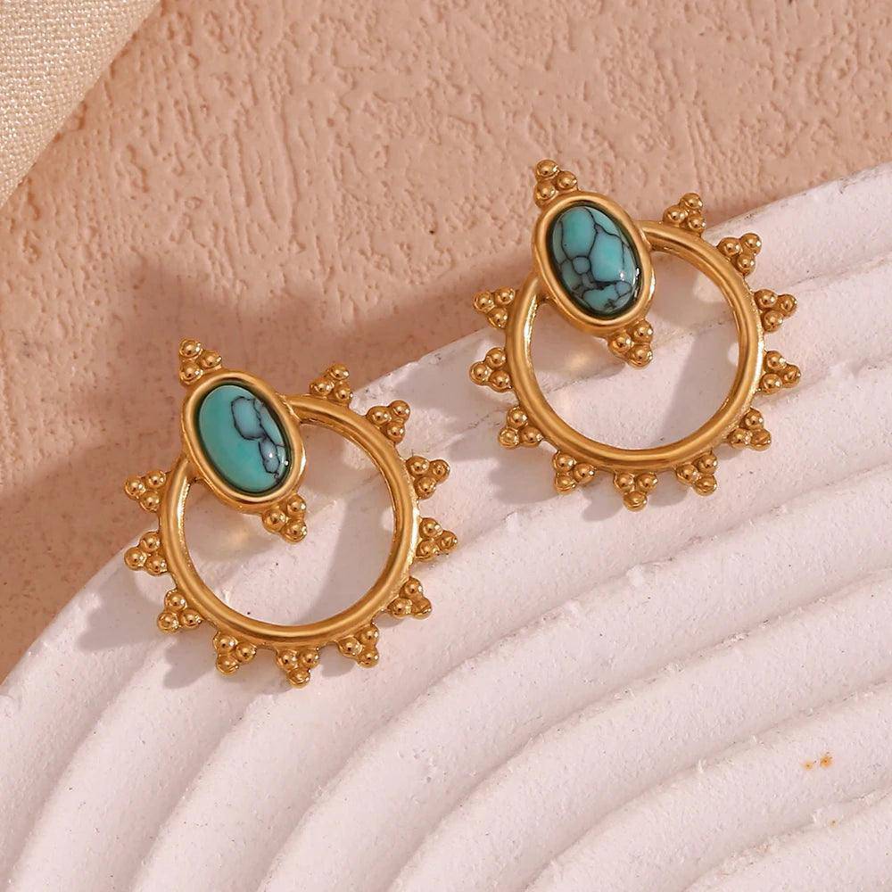 18K Gold Plated Oval Blue Turquoise Stainless Steel Tarnish Free Stud Earrings - Tarot Treasures