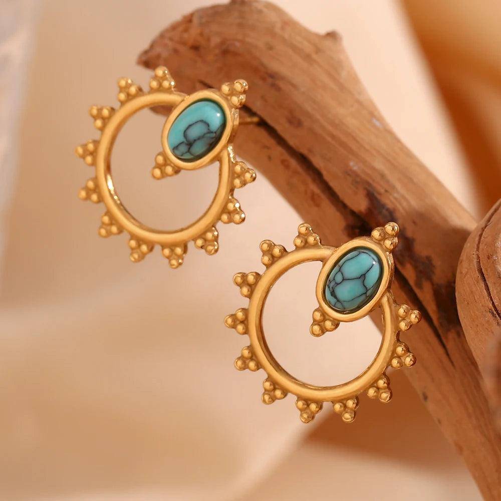 18K Gold Plated Oval Blue Turquoise Stainless Steel Tarnish Free Stud Earrings - Tarot Treasures